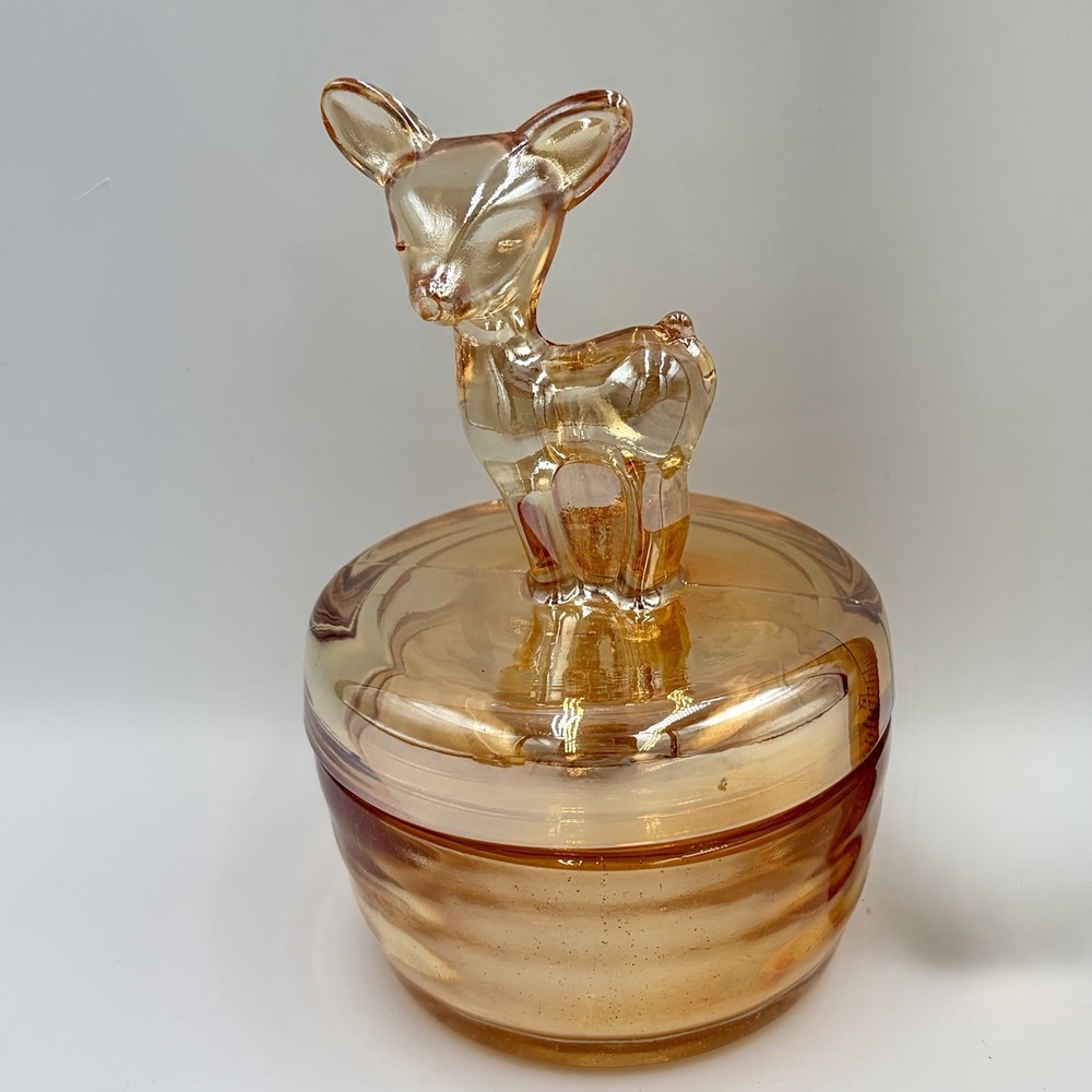 Deer Trinket Box Powder Jar Iridescent Jeanette Glass Mid Century Vintage 40s